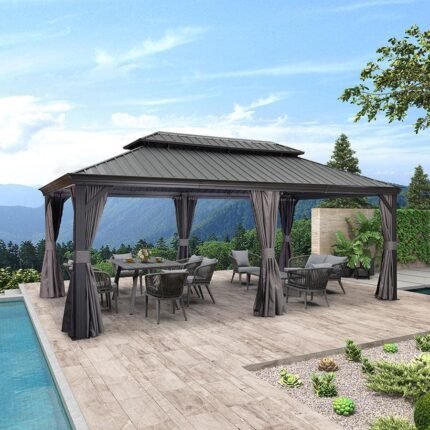 PURPLE LEAF 12' x 20' Large Outdoor Hardtop Gazebo  for Patio Backyard with Double Hard Roof and Netting