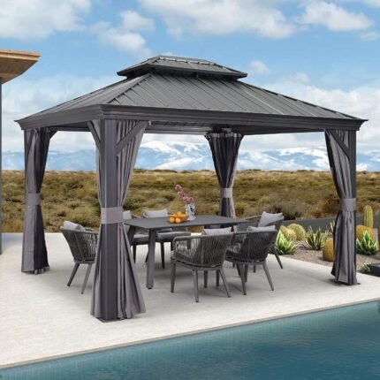 OPEN BOX I PURPLE LEAF Patio Gazebo for Backyard Grey Hardtop Galvanized Steel Roof Awning with Upgrade Curtain